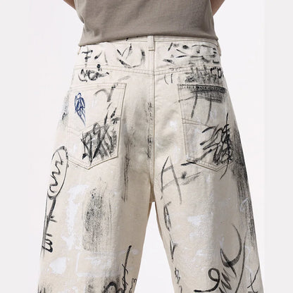 Streetwear American Graffiti Ripped Loose Wide Leg Jeans