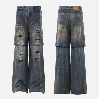 Durable Ripped Fake Two Piece Wide Leg Jeans