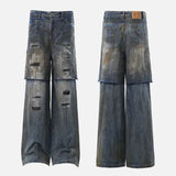 Durable Ripped Fake Two Piece Wide Leg Jeans