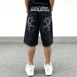 Ripped Lion Embroidery Black Denim Shorts