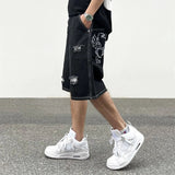 Ripped Lion Embroidery Black Denim Shorts