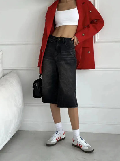 Streetwear Low Waist Wide Leg Denim Jorts