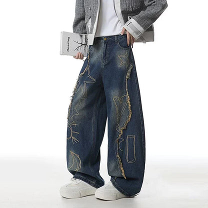 Raw Edge Printing Contrast Color Wide Leg Jeans