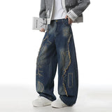 Raw Edge Printing Contrast Color Wide Leg Jeans