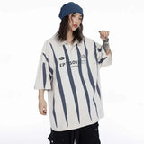 Women Retro Striped Lapel with Printed Polo T-Shirt