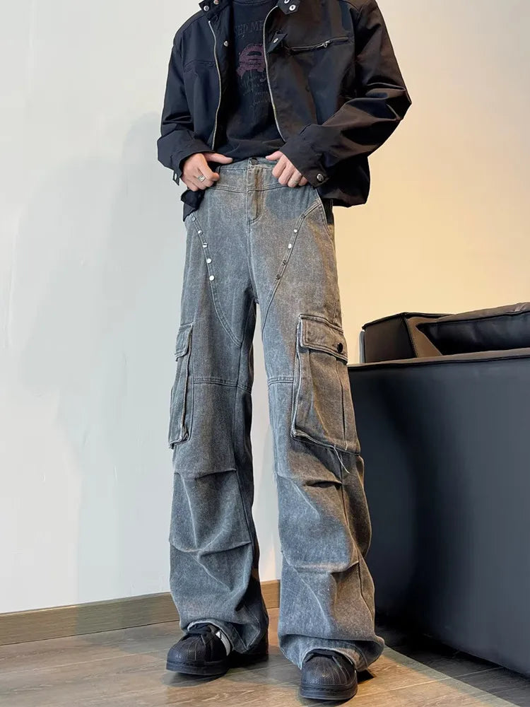 Y2K Streetwear Vintage Cyber Gray Pleated Baggy Jeans