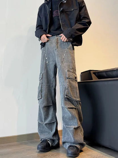 Y2K Streetwear Vintage Cyber Gray Pleated Baggy Jeans