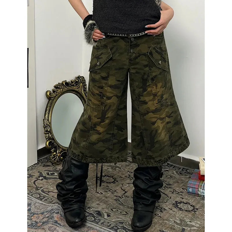 Streetwear Camouflage High Waist Wide Leg Jorts