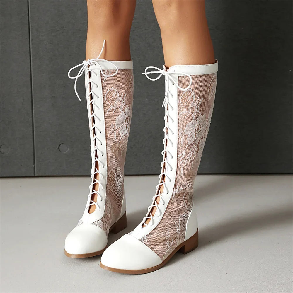 Elegant Lace-Up Sheer Floral Knee-High Boots