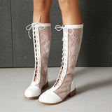 Elegant Lace-Up Sheer Floral Knee-High Boots