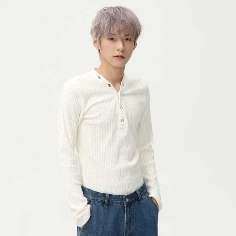 V-neck Knitting Button Long Sleeved T-shirts
