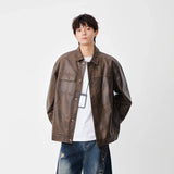 Trendy Faux Leather Lapel Button Jacket
