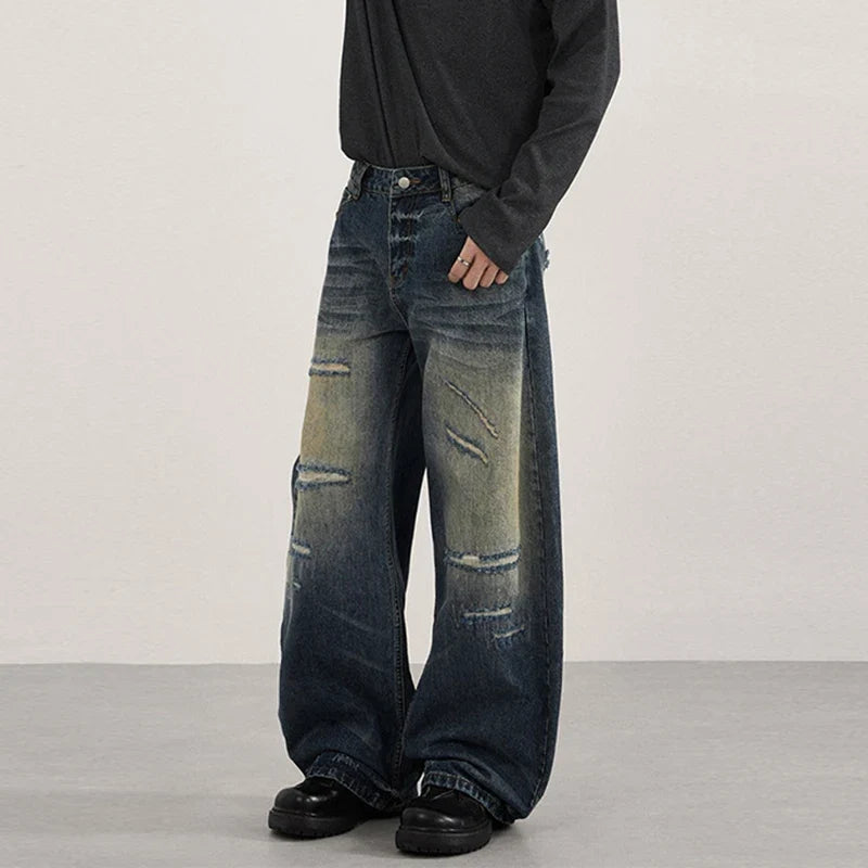Patchwork Distressed Wide Leg Washing Denim Jeans