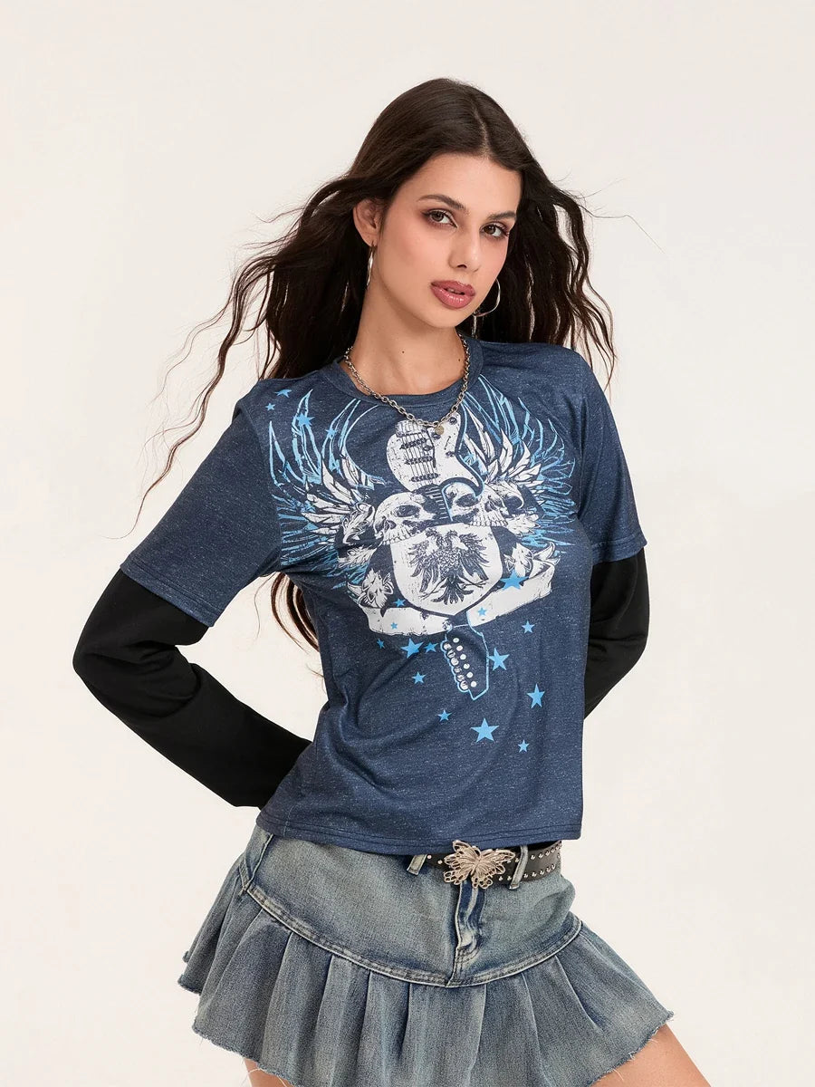 Women Patchwork Gothic Crew Neck T-Shirt