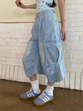 Chic Striped Heart Embroidery Cargo Denim Jorts