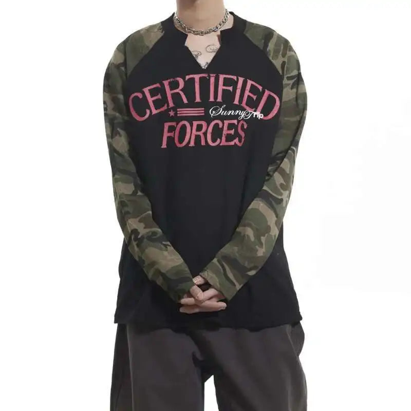 Vintage Camo Henley Collar Long T-Shirt