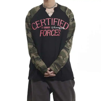 Vintage Camo Henley Collar Long T-Shirt