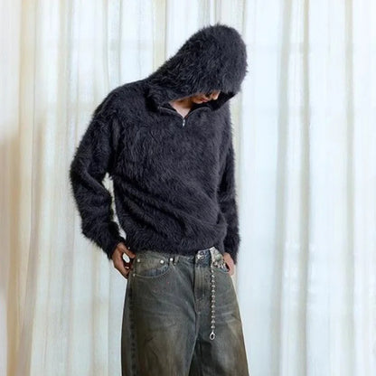 Retro Cozy Knitted Half Zipper Hoodie