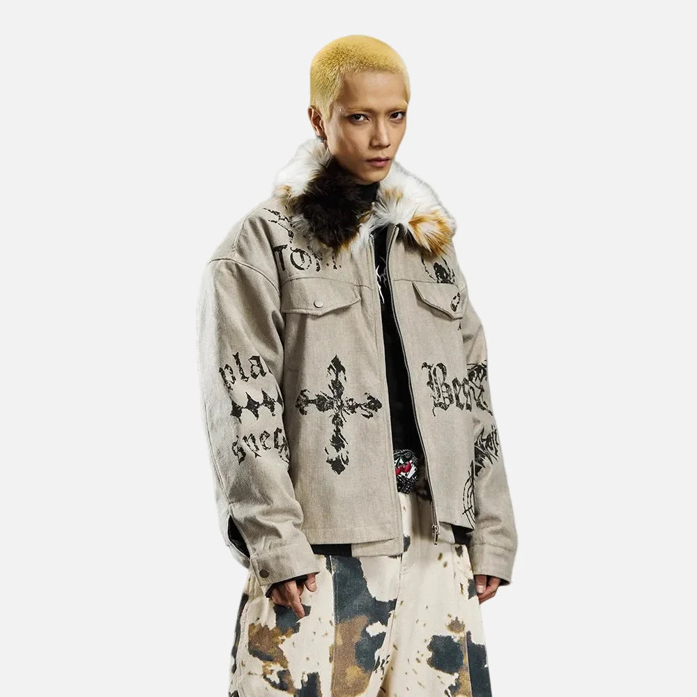 Vintage Distressed Quilted Letter Print Jacket