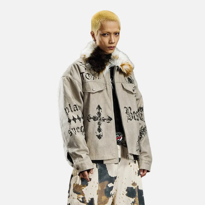 Vintage Distressed Quilted Letter Print Jacket
