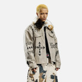Vintage Distressed Quilted Letter Print Jacket