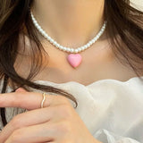 Handmade Pink Heart Pendant Pearl Necklace
