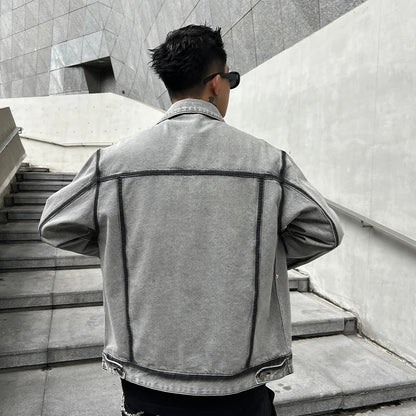 Gray Korean Style Vintage Motorcycle Denim Jacket