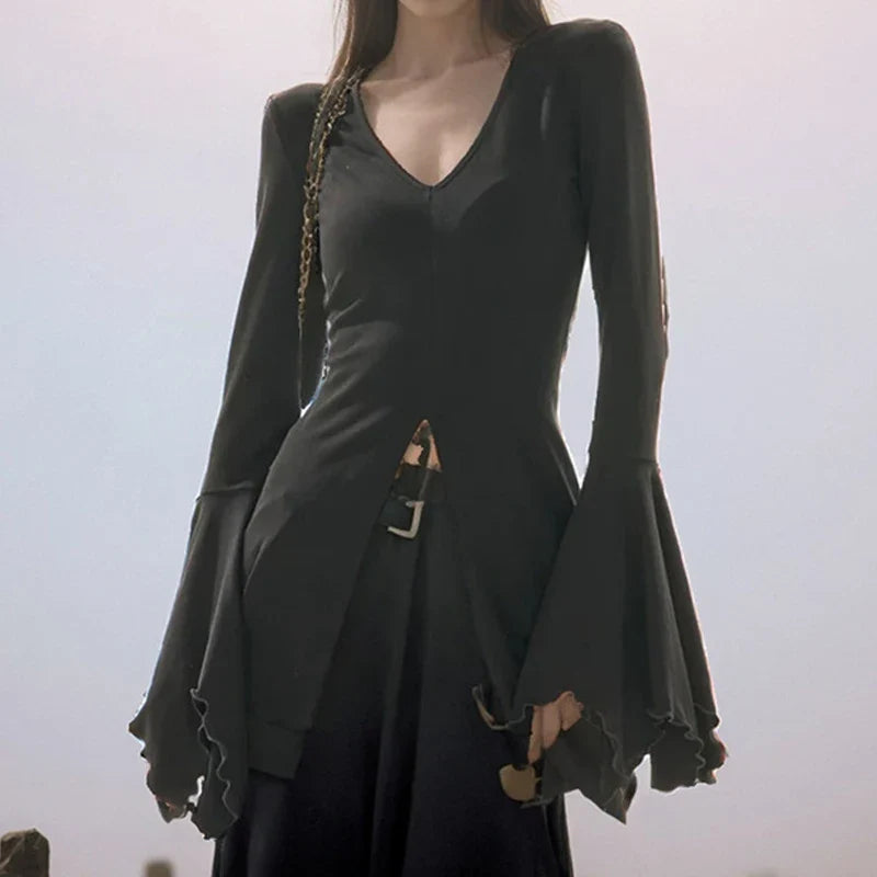 Gothic Flare Sleeve V-Neck Blouses T-Shirt