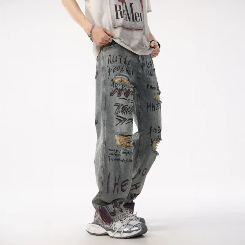 Sporty Edge Graffiti Loose Straight Retro Jeans