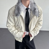 Niche Design Diamonds Fur Collar PU Leather Jacket