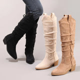 Retro Pleated Western Square Heel Boots