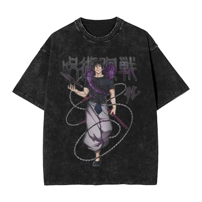 Anime Girl Dinner Print Washed T-Shirt