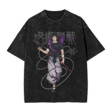 Anime Girl Dinner Print Washed T-Shirt