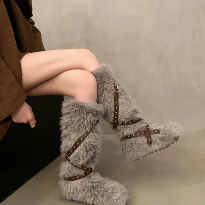 Gothic Y2K Plush Furry Winter Boot