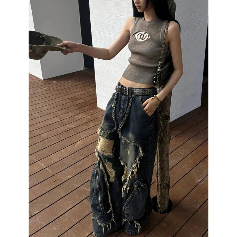 Y2K Women Vintage Blue Gothic Cargo Denim Jeans