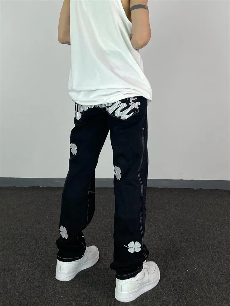 Letter Embroidery Friend Retro Pants