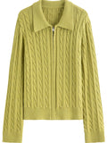 Soft Waxy Knitted Turn-Down Collar Zipper Cardigan