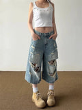Streetwear Comfort Distressed Wide Leg Denim Jorts