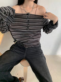 Women Streetwear Vintage Striped Slash Neck Grunge T-Shirt