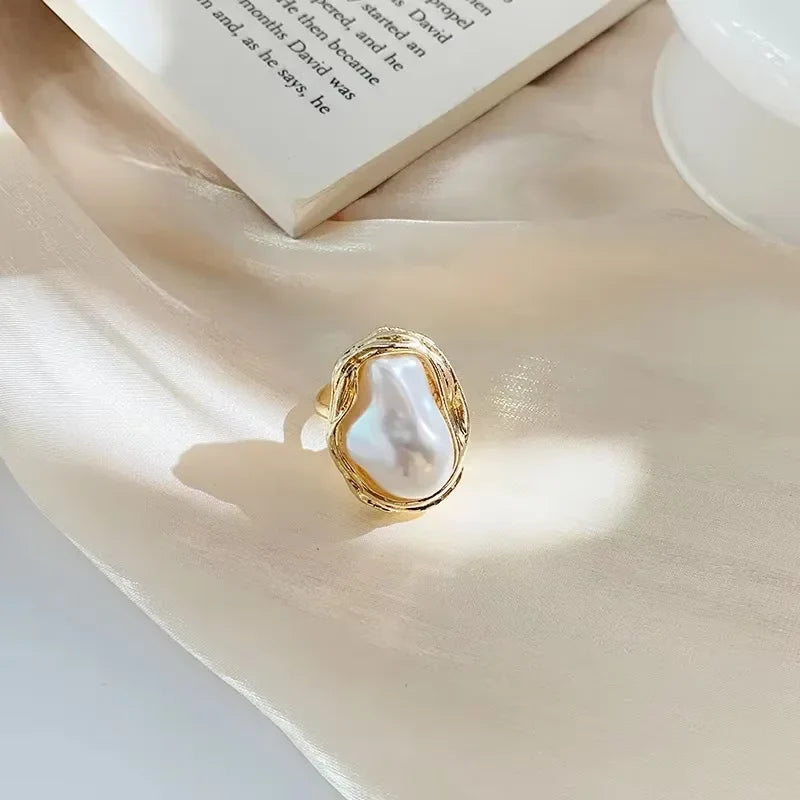 Geometric Imitation Pearl Gold Plated Ring