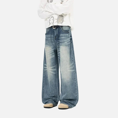 Elevated Cracked Washed Loose Fit Wide Leg Jeans