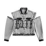 Washed Gray Oversize Letter Work Denim Jacket