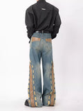Vintage Distressed Studded Leather Patchwork Jeans