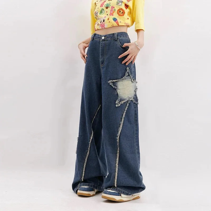 Y2K Distressed Star Patch Flare Jeans