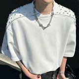 Rhinestone Beaded Zipper Shoulder Pad T-Shirt