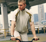 Model wearing the beige Utility Short-Sleeve Jacket