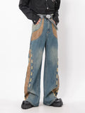 Vintage Distressed Studded Leather Patchwork Jeans