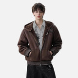 Embroidery Motorcycle Hooded Leather Jacket