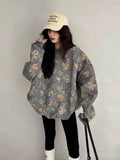 Vintage Women Gray Floral Round Sweatshirt