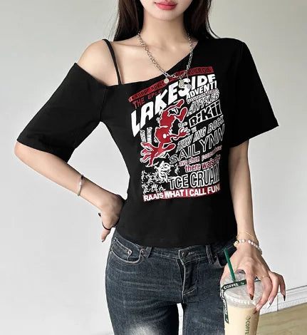 Y2K Letter Print Off Shoulder T-Shirt